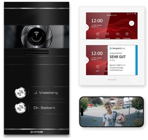 Metzler VDM10 2.0 Video Sprechanlage Komplett Set mit Laser Gravur Namensschild - Anschluss 2-Draht - Türsprechanlage mit HD-Kamera und Bildschirm für 2 Familienhaus, in Schwarz aus V2A Edelstahl