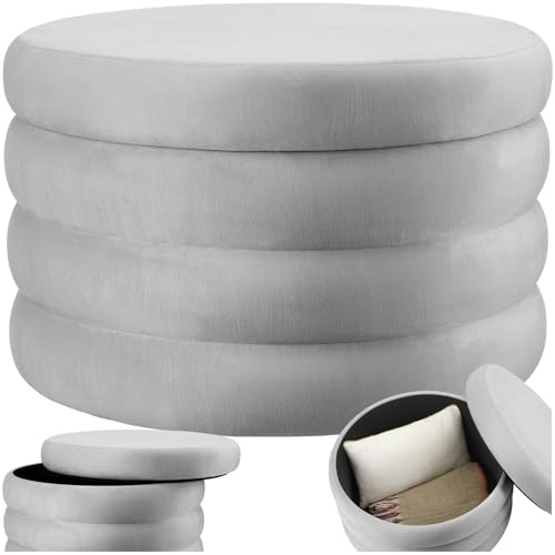 tectake® Taburete Almacenaje Bouclé, Carga: 150 kg, MDF, Puff Almacenaje, Taburete Dormitorio, Reposapies Puff, Zapatero Entrada Recibidor, Asiento Acolchado, Ideal Salón - 67 x 42 cm Gris