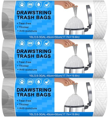 XUXRUS Sac Poubelle 10L Blanc à Lien Coulissant Petit Sac Poubelle Prédécoupés, Lot de 90, Ultra Résistant, Imperméables et Anti-Déchirure, pour Cuisine, Salle de Bain et Salon (45x50cm)