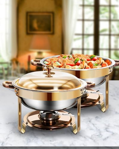 WENMILY Rund Chafing Dish Buffet Set 5L,2pcs Edelstahl Warmhaltebehälter [Elegante Rose und Silberfarben] Wärmebehälter Für Speisen,Speisenwärmer für Catering Buffet und Party,