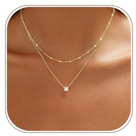 VIROMY Collier en Or Pour Femmes Collier à Pendentifs En Zirconium Plaqué Or 14k Superposé Chaîne Tour De Cou Chaîne De Perles Plates Bijoux Simples Et Délicats Pour Femmes