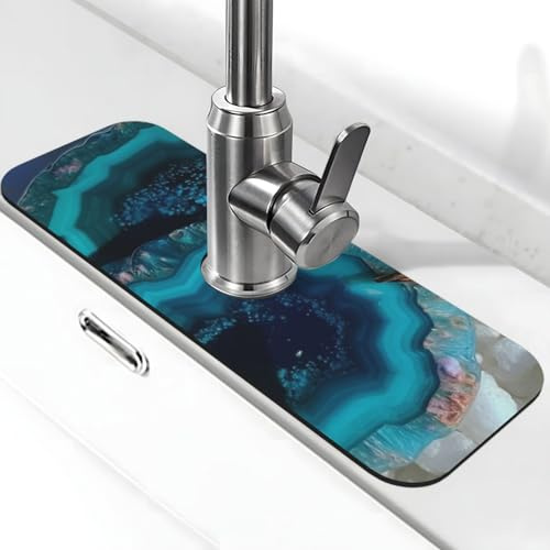 Teal Agate Faucet Mat for Kitchen Sink, Super Absorben Faucet Pad Splash Catcher, Diatomite Fast Drying Stone Faucet Handle Drip Catcher Tray Mat for Bathroom Sink Drying Pad 15 x 5.5