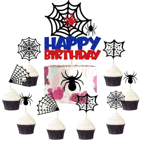 SANYUANHE 24 Stück Spinnen Tortendeko，Spinnennetz Geburtstags Kuchen Dekoration Kindergeburtstagsfeier Cupcake Topper,Happy Birthday Spider Cake Decoration