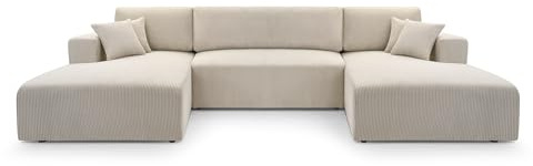 FurniShop24 Ecksofa mit Schlaffunktion und Bettkasten - Eckcouch U-Form Klappsofa - Schlafcouch zum Wohnzimmer, Minimalistisches Design Eckcouch Como U Beige, Schlafsofa