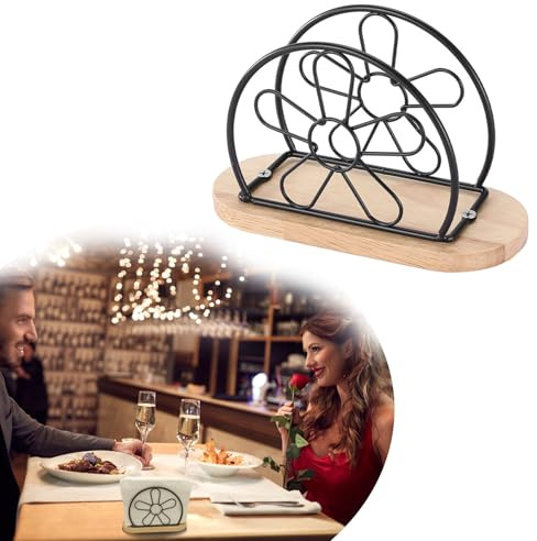 Furforstk serviettenhalter holz, serviettenspender, serviettenhalter schwarz, serviettenständer, servietten halter, Holz-Sockel & Edelstahlrahmen, stabiler und weniger anfällig für Stürze (Blume)