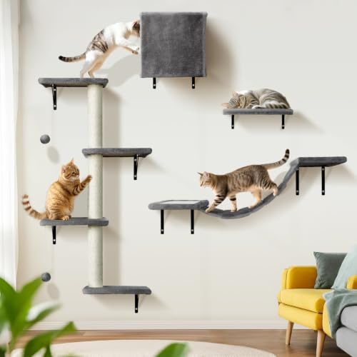 Thihome Kletterwand Katzen, Katzen Kletterwand Set, Katze Wandelemente, 10-Teiliges Stabiler Katzenmöbel mit Hängebrücke, Katzenhängematte, Kratzsäulen und katzenhöhle für Schlafen Spielen Lounging