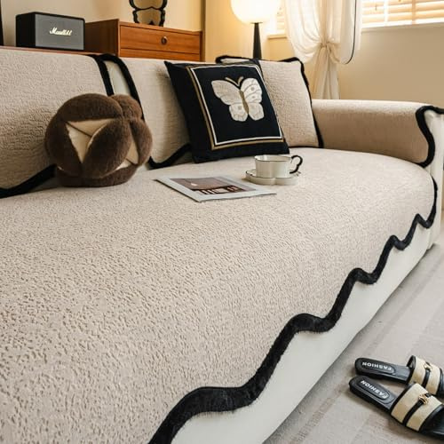 Chenille Sofa Cover, Fleece Non-Slip Couch Covers with Wavy Edge Design, Cosy Sofa Slipcovers, Washable Couch Cushion Cover, Furniture Protector for Kids and Pets Khaki 90 * 180cm