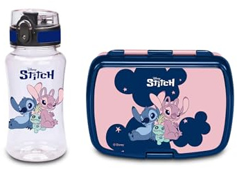 Seven Set Porte-goûter + Gourde LILO & Stitch Rose pour Enfants, séparateur intérieur, Gourde 460 ML avec Couvercle hermétique, Produit Officiel, Football, idée Cadeau Enfants et Adultes