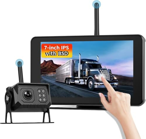 CAMECHO 7-Zoll Wireless Rückfahrkamera mit Monitor, kabelloses Touchscreen DVR System für Wohnmobil LKW Anhänger, Unterstützt bis zu 4 Kameras, BSD Warnung, Loop Recording, IP68 Nachtsicht