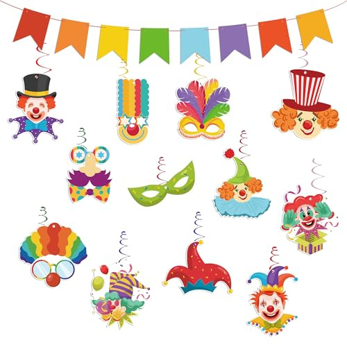 Karneval Deko Set mit Girlande & Spiralhängern – Bunte Clown- und Masken-Hängedeko für Fasching, Party, Kindergarten & Schule