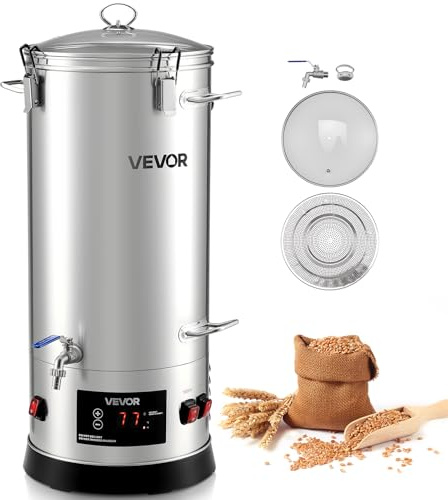 VEVOR elektrisches Bierbraugerät Bierbrauanlage Braukessel 30 L Hausgebrauch, Gehäuse aus Edelstahl 304, Maischekochgerät mit integriertem Innenfass & verstärktem Griff & Wasserhahn, Brausystem