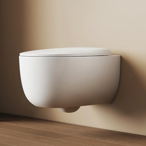 EMKE Toilette Hänge WC Weiß, 55 cm, Wand WC Spülrandlos mit 360°-Superspin Einloch-Spülung, Keramik Toilettenschüssel, WC-Sitz Softclose & Schnelllösefunktion