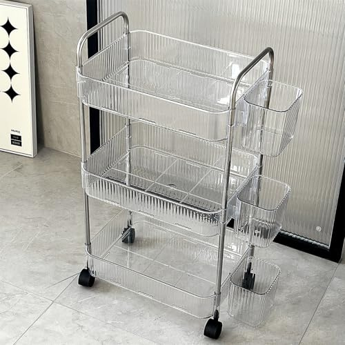 3-stöckiger transparenter Rollwagen mit Hängekörben Kunststoff Rollregal Servierwagen Küchenwagen Bastelwagen Aufbewahrungswagen auf Rollen für Bad Küche Waschküche Schlafzimmer Regal mit Rollen