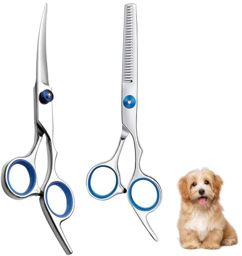 URYVAIW 2 Piezas Tijeras para Perros, Tijeras Curvas + Tijeras de Dientes Acero Inoxidable para Peluquería Perros & Gatos