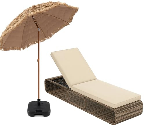 COSTWAY Conjunto de Tumbona Ratán Exterior con Cojín, Sombrilla de Paja de 2,2m con Base Recargable, Tumbona Reclinable en 7 Posiciones Jardín, Terraza o Piscina (Juego marrón)