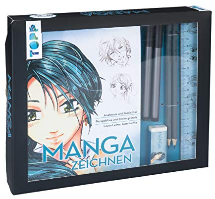 Kreativ-Set Manga zeichnen. Buch mit Mangagrundlagen (32 Seiten, 14 x 21 cm, Softcover) sowie Zeichenmaterial: Mangapapierblock A5, 1 Fineliner, 2 Bleistifte, Radiergummi, Lineal