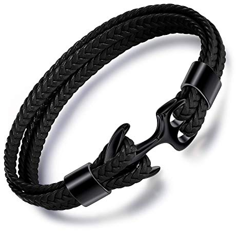 MicLee Herren Handgefertigt Anker Armband Fashion Männlich Echtlederarmband mit Edelstahl Graviert mit Geschenk Box