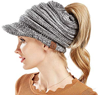 Damen Wintermütze Pferdeschwanz Mütze Strickmütze Gestrickte Baseballmütze mit Zöpfen Loch Beanie Hut für Pferdeschwanz Brötchen Grau weiß OneSize