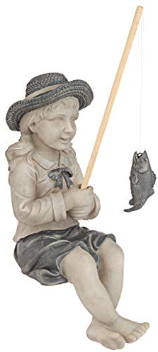 Design Toscano Big Catch Fisherwoman Nellie Girl mit Angelrute, Gartenstatue, mittelgroß, 43,2 cm hoch, Steinguss, zweifarbiges Stein-Finish