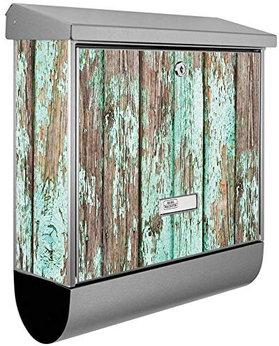 banjado® Burgwächter Briefkasten Edelstahl 38x39x12cm mit Motiv Verwittertes Holz/Briefkasten Edelstahl ohne Zeitungsfach/Briefkasten grau/Postkasten inkl. Montagematerial & 2 Schlüsseln