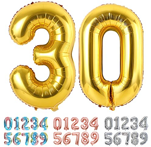 Ponmoo Luftballons Zahlen 30 Gold, Riesen Nummer 0 1 2 3 4 5 6 7 8 9 10-19 20-29 30-39 40 50 60 70 80 90 100, groß Folienballons für Hochzeit Jubiläum, Geburtstagsballons Party Dekoration