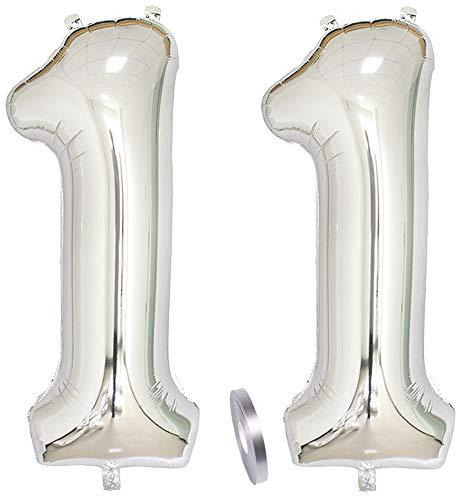 2 Numero di Palloncini 11, Numeri 11 Anni Compleanno Decorazioni Argento Bimbo Bambina Ragazza Ragazzo Uomo, 40 Gigante Foil Elio Palloncino Gonfiabile Balloons Happy Birthday Festa (XXXL 100cm)