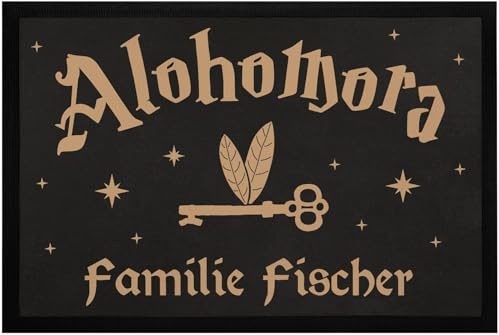 SpecialMe® Fußmatte mit Namen Alohomora Fliegender Schlüssel personalisierte Tümatte Familie rutschfest & waschbar Weiss 60x40cm