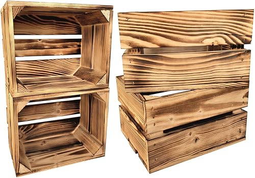 4er Set Holzkiste Klein Aus Holz - massive Weinkisten Vintage 25x20x15cm - Holzbox Für Aufbewahrung, Holzregal - Robuste Obstkisten & Apfelkisten - Deko Kiste Für Küche, Wohnzimmer - Kiste Geflammt