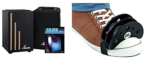XDrum Cajon Primero Negra - Kistentrommel inkl. Rucksacktasche und Schule - Trommelkiste mit Snare Sound & Meinl Percussion Foot Tambourine - Stahl-Schellen, Siam Eiche, Schwarz (FJS2S-BK)
