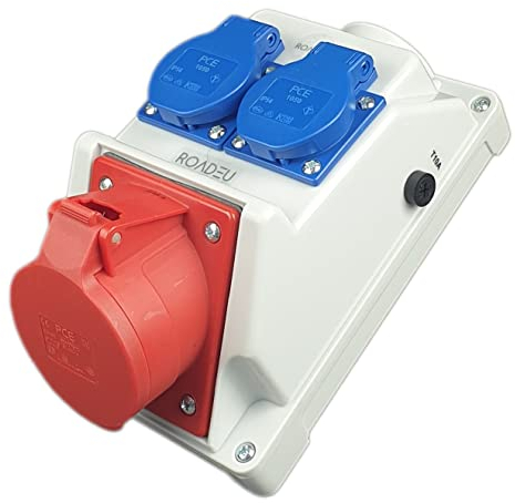 RoadEu - Kombi Wandsteckdose 32A 5P, 2x Schuko 230V, PCE Steckdosen, Stromverteiler IP44