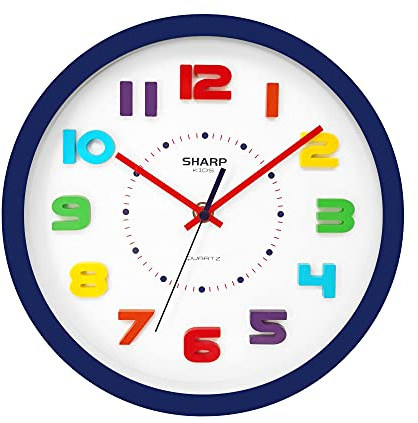 Sharp Colorful Kids Wall Clock 10 Inch Silent Non Ticking Quartz Battery Operated, Easy to Read 3D “Refrigerator Magnet” Style Multi Colored Numbers - Kids Room, Nursery Classroom Office, Blue Case