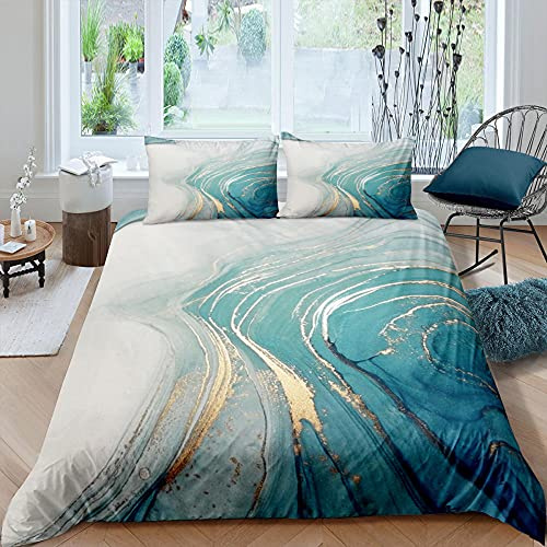 ZQMHCY Housse de Couette 240 x 260 Marbre Doré Bleu Clair Housse de Couette Douce Microfibre Linge de Lit et Oreillers 3 Pièces,1 Housse Couette avec Fermetureéclair+2 Taie d'oreiller 50x75cm