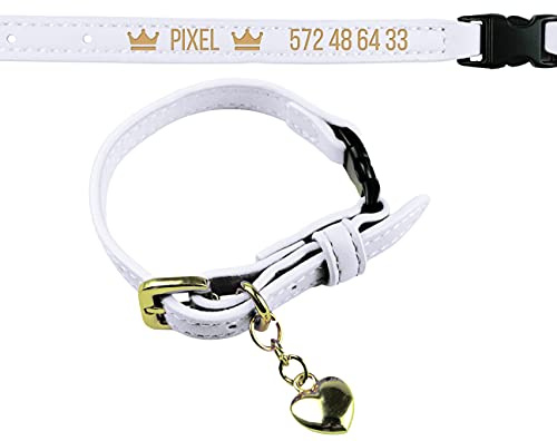 Personalisierbares Katzenhalsband | Safety Click Eco Leder Gold Zubehör | Halsband für Katze Telefon Name | Das Sicherste Und Schönste Kragen (Weiß)
