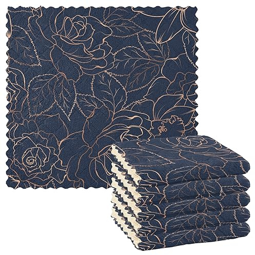 Copper-Gold Shiny Outline Rose Peony Flowers Leaves on Dark Navy Blue 6 Set Kitchen Dish Towels, Washcloths Cleaning Cloths Dish Cloths, Absorbent Towels Lint Free Bar Tea Soft Waffle Towel 11x11