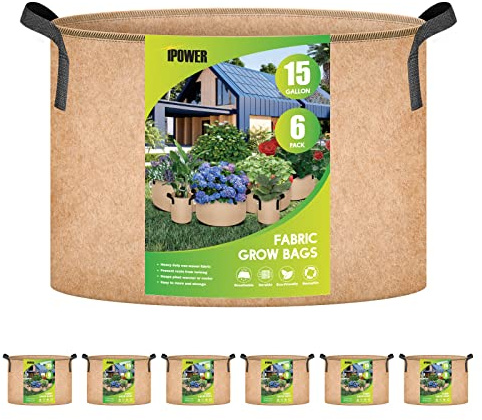 iPower Pflanzen-Wachstumsbeutel 15 Gallonen 6er-Pack robuste Stofftöpfe, 300 g Dicke Vliesstoffbehälter Belüftung mit Nylongriffen, zum Pflanzen von Gemüse, Obst, Blumen, Hellbraun 2022 Version