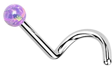beyoutifulthings Push-In Nasen-Piercing Opal-Kugel 2-mm Lila Silber Nasen-Ring Nasen-Stecker Titanium Grad 23 Spirale Stab 6-mm lang 0,8-mm dick
