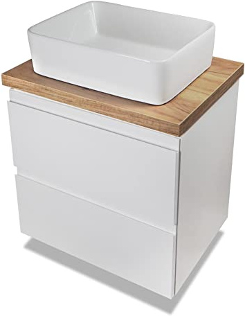 VBChome Badmöbel 60 cm Weiß Aufsatzwaschbecken ohne Hahnloch 48x37 cm Aufsatzwaschtisch mit Waschbeckenunterschrank 2 Schubladen Moduo Badezimmerschrank Modern