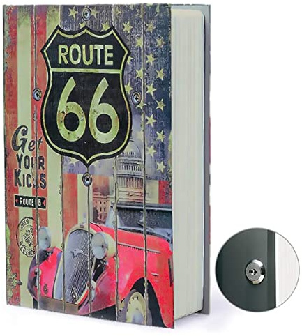 Coffre-fort caché en forme de livre – Faux livre – Boîte de stockage secrète avec serrure à clé – Coffre de sécurité portable pour livres secrets, idéal pour les voyages (à clé, Route 66)