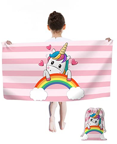 Toalla de playa de unicornio, toalla de playa para niños, 60 x 120 cm, de secado rápido, para viajes, natación, ducha para niños, color rosa arcoíris