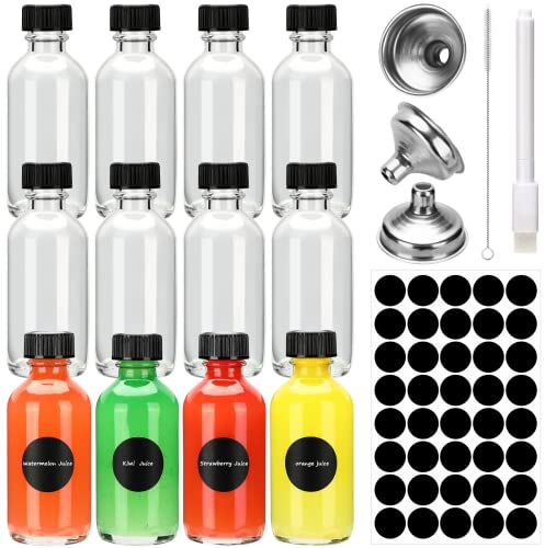 Miiepls Mini Bouteille Verre, Miniatures Réutilisables 60ml, avec Bouchons Noirs et Entonnoir, Mignonette Vide Pour Huiles Essentielles, Shots de Gingembre et Plus (12)