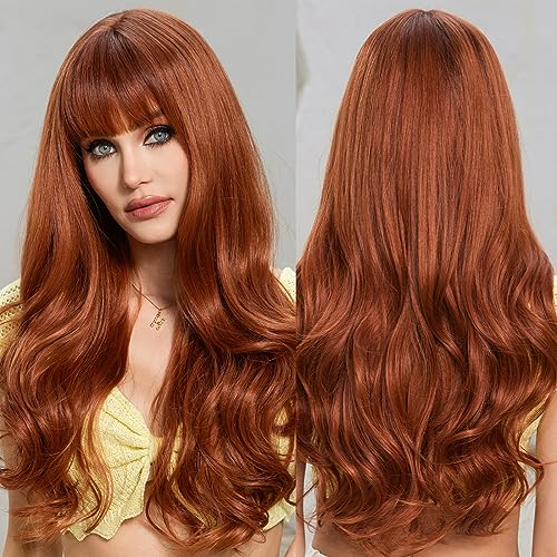 HAIRCUBE Orange synthetische Frauen Perücke Schichtperücken mit Bangs lange Wellige Hitzebeständige natürliche Perücken