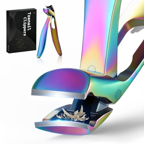 FERYES Zehennagelknipser mit abgewinkeltem Kopf, langer Griff, für Senioren, große breite Backe, mit Auffangvorrichtung für dicke Nägel, einfacheres Schneiden, ergonomisches Design, Regenbogen