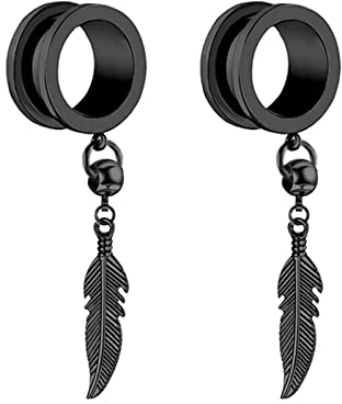 Lieson Plug Flesh Tunnel, 2 Stück Tunnel Edelstahl Hohl Rund mit Feder Anhänger 8mm Ohr Tunnel Schwarz