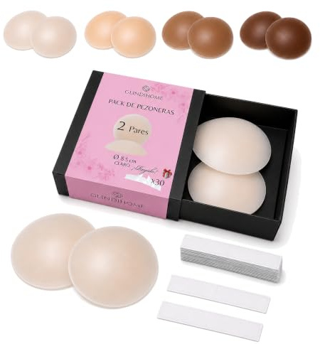 GLINDIHOME Pack 2 Pares de Pezoneras Adhesivas Invisibles de Silicona Reutilizables -Incluye 4 Cubre Pezones+30 Tiras de Cinta de Doble Cara Ropa+Caja Protectora. Nipple Cover.