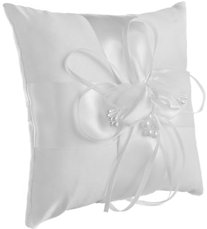 Amosfun 2pcs Wedding Ring Bearer Pillows 5.9 White Fabric Ring Cushion with Rhinestone Pearl Flower Accent for Ceremony and Anniversary