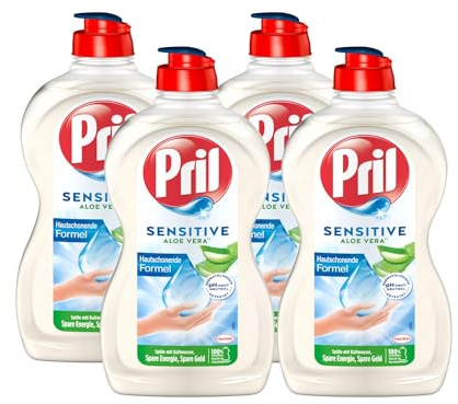 PRIL Sensitive Aloe Vera (4x 450 ml), Handgeschirrspülmittel mit hoher Fettlösekraft, für sauberes Geschirr auch in kaltem Wasser, pH-hautneutrale Formel
