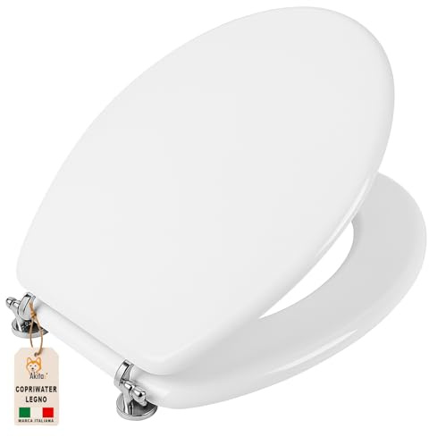 AKITAInk Copriwater Universale in Legno MDF Bianco – Sedile WC per Bagno, Tavoletta Copri WC Resistente con Cerniere in Metallo, Adatto a Tutti i Sanitari Standard