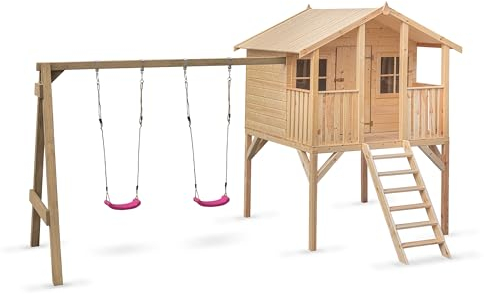 Wood&Play Borys Maison de Jeu pour Enfants - Bricolage Facile à Assembler - Construction sûre, Robuste et Durable - Bois - Matériau Inoffensif et renouvelable - 425x300cm + balançoire