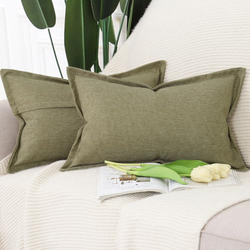 Madizz Juego de 2 Suave Lino poliéster Decorativo Funda de cojíns con Borde Ancho Lujo Estilo Fundas de Almohada para el sofá Dormitorio Verde Musgo Rectangular 30 x 50 cm