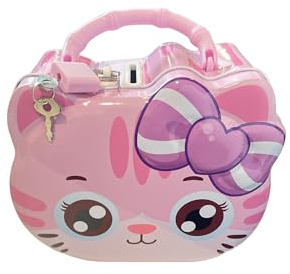Lustige Spardose aus Metall mit Schloss und Schlüssel, große Größe für Jungen und Mädchen (Sparschwein mit rosa Katze, Schloss)